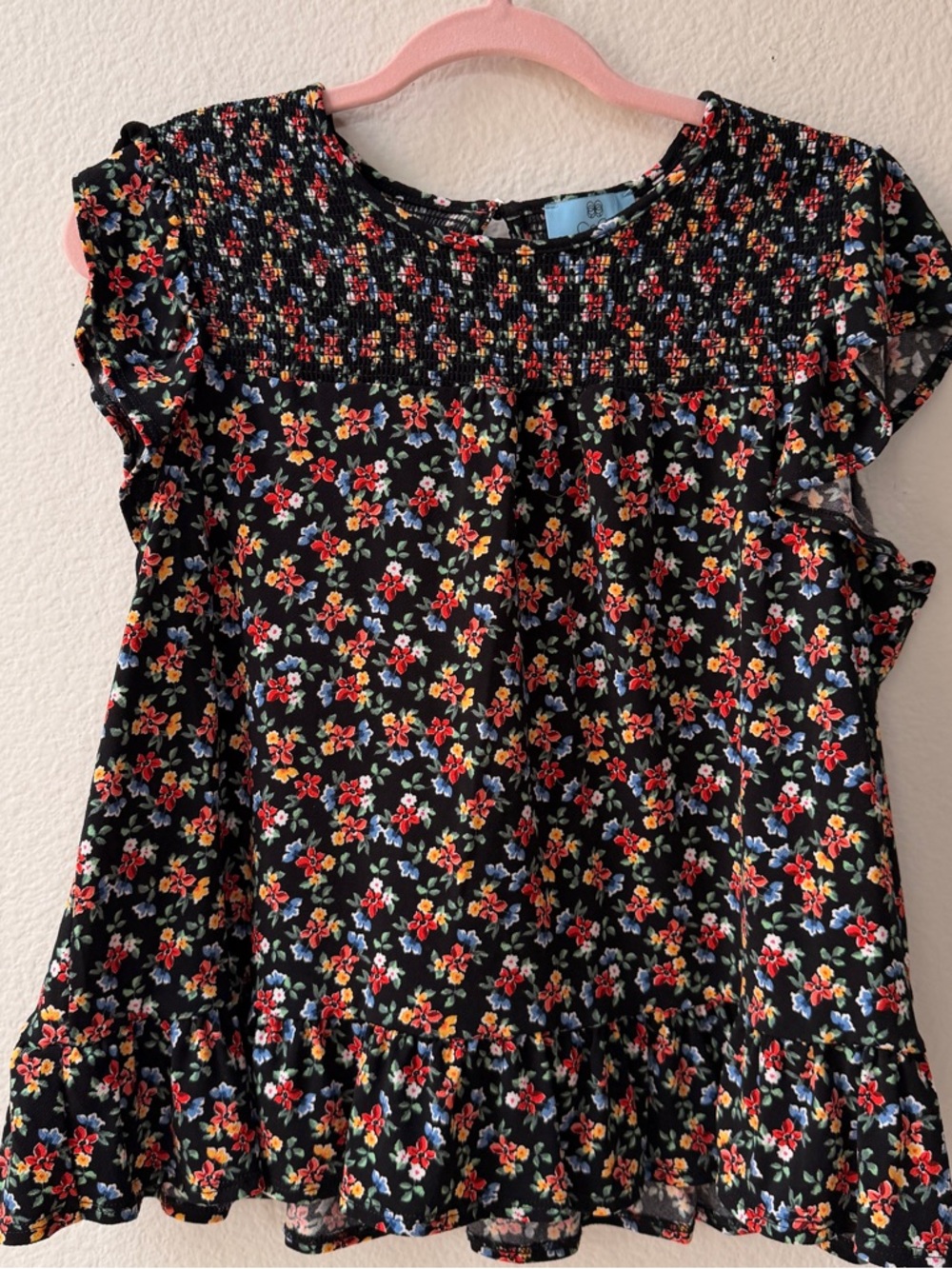 CeCe Floral Smocked Peplum Top Black Multicolor Ruffle Sleeve Spring Size M